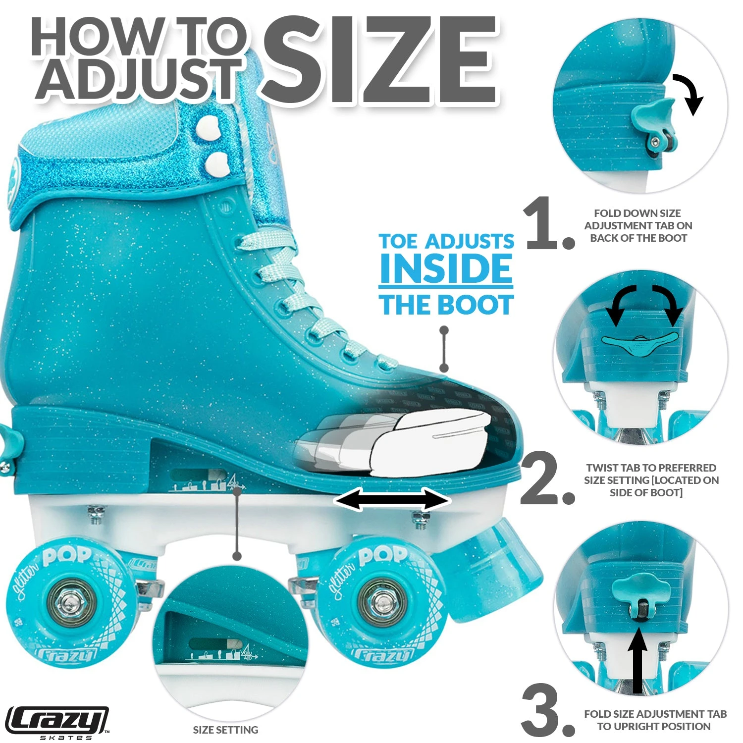 Crazy - Glitter Pop Adjustable Quad Skates - Teal 4 Crazy - Glitter Pop Adjustable Quad Skates - Teal - Image 2
